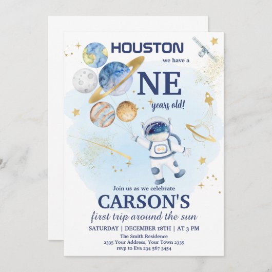 Space First Outer Space First Birthday 招待状 (正面/裏面)