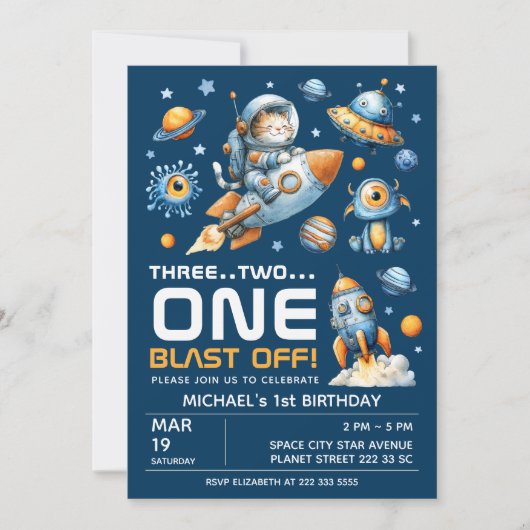 Space Galaxy Astronaut Cat Blast Off 1st Birthday 招待状 (正面)