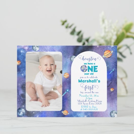 Space Galaxy Watercolor First Birthday Photo 招待状 (スタンド正面)