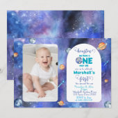 Space Galaxy Watercolor First Birthday Photo 招待状 (正面/裏面)