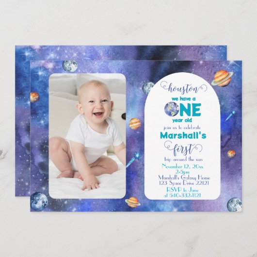 Space Galaxy Watercolor First Birthday Photo 招待状 (正面/裏面)