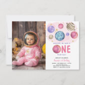 Space Girl First Birthday Moon Star Party 招待状 (正面)