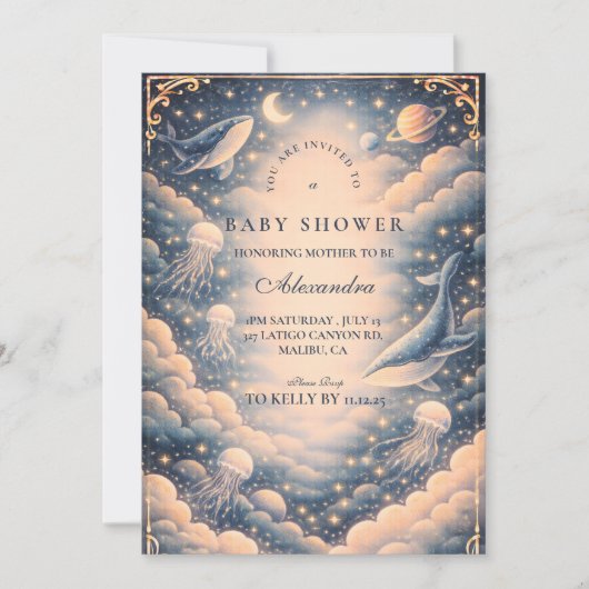 Space Ocean Whales Baby Shower 招待状 (正面)