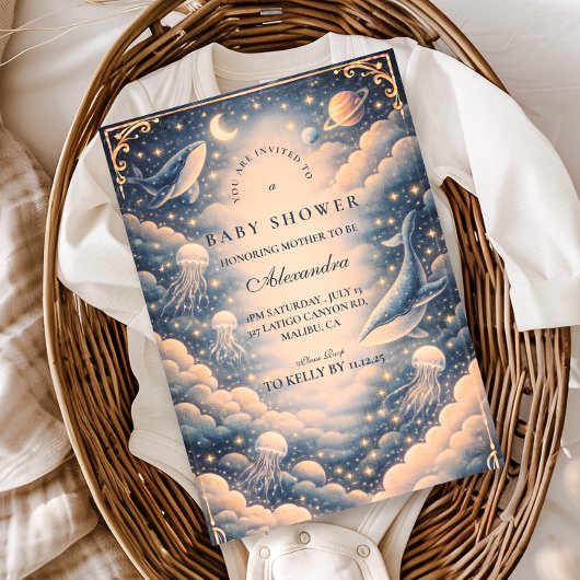Space Ocean Whales Baby Shower 招待状