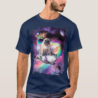 Space Pug Dog Riding Axolotl  Rainbow Tシャツ