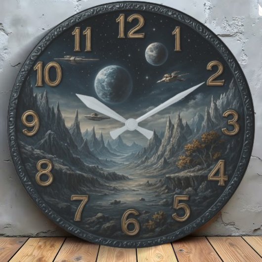 Space retro galaxy astronaut planetary rocket ship ラージ壁時計