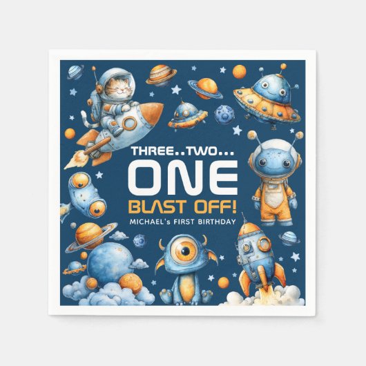 Space Rocket Astronaut Cat Blast Off 1st Birthday スタンダードカクテルナプキン (正面)