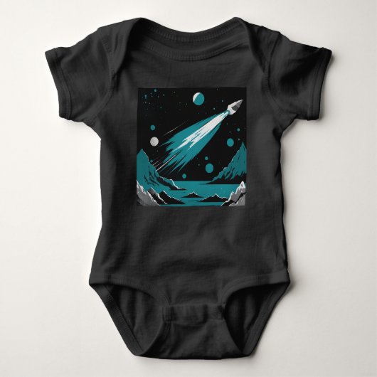Space Rocket – Grey & Blue Baby Bodysuit ベビーボディスーツ (正面)