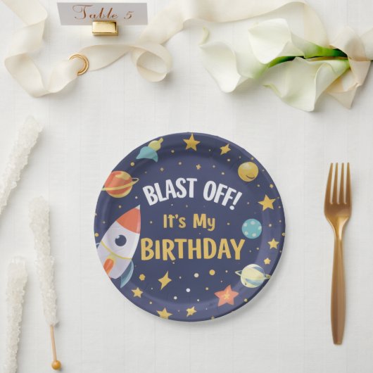 Space Rocket Kids Birthday Party Plates  ペーパープレート (ウェディング)