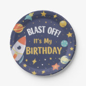 Space Rocket Kids Birthday Party Plates  ペーパープレート (正面)