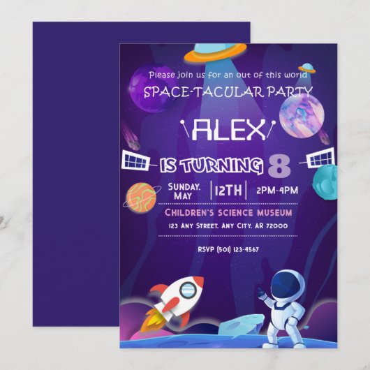 Space Sci-Fi Galaxy Children Birthday Party  招待状 (正面/裏面)