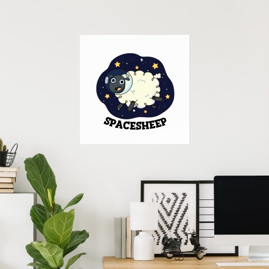 Space Sheep Funny Astronaut Sheep Pun ポスター (ホームオフィス)
