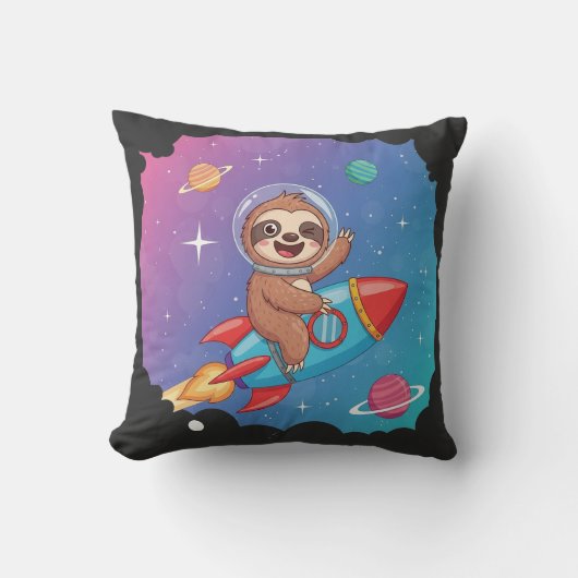 Space Sloth on Rocket – Dreamy Slow Cartoon Vector クッション (正面)