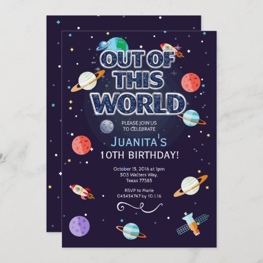 Space Star Birthday Invitation Out Of This World 招待状 (正面/裏面)