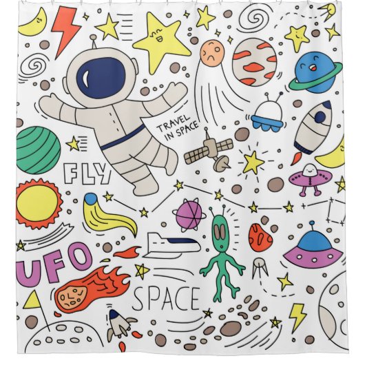 Space theme in doodle style illustration シャワーカーテン (正面)