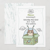 Space UFO Kids Birthday Party 招待状 (正面/裏面)