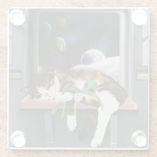Spaceship Cat Sci-Fiかわいい ガラスコースター (裏面)