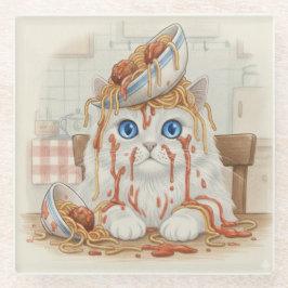 Spaghetti Kitty, White, Glass Coaster ガラスコースター