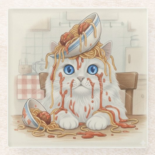 Spaghetti Kitty, White, Glass Coaster ガラスコースター (正面)
