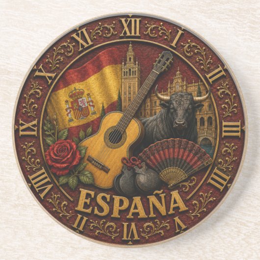 Spain Flag Spanish Bull Guitar Flamenco Vintage コースター (正面)