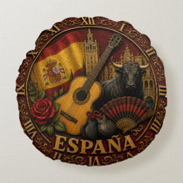 Spain Flag Spanish Bull Guitar Flamenco Vintage ラウンドクッション