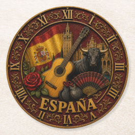 Spain Flag Spanish Bull Guitar Flamenco Vintage ラウンドペーパーコースター