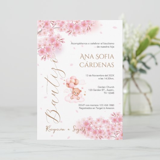 Spanish Baptism Girl invitation pink 招待状 (スタンド正面)