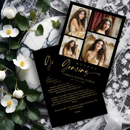 Spanish Black Trendy Quinceañera Collage 4 Photos サンキューカード
