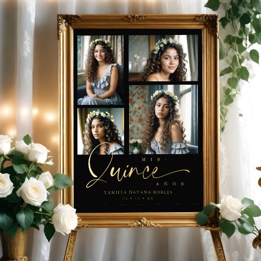 Spanish Black Trendy Quinceañera Collage 4 Photos 箔ポスター