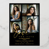 Spanish Black Trendy Quinceañera Collage 4 Photos 箔招待状 (正面)