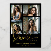 Spanish Black Trendy Quinceañera Collage 4 Photos 箔招待状 (正面)