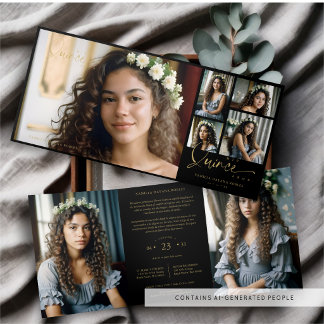 Spanish Black Trendy Quinceañera Collage 7 Photos 三つ折り招待状