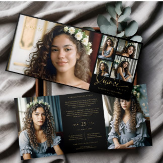 Spanish Black Trendy Quinceañera Collage 7 Photos 三つ折り招待状