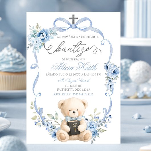 Spanish Blue Bear Baptism Bow Coquette Invitation 招待状