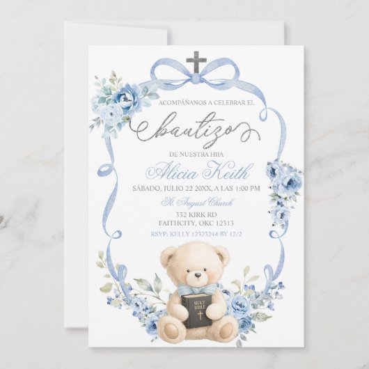 Spanish Blue Bear Baptism Bow Coquette Invitation 招待状 (正面)