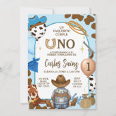  Spanish Blue Cowboy Boy First Birthday 招待状 (正面)