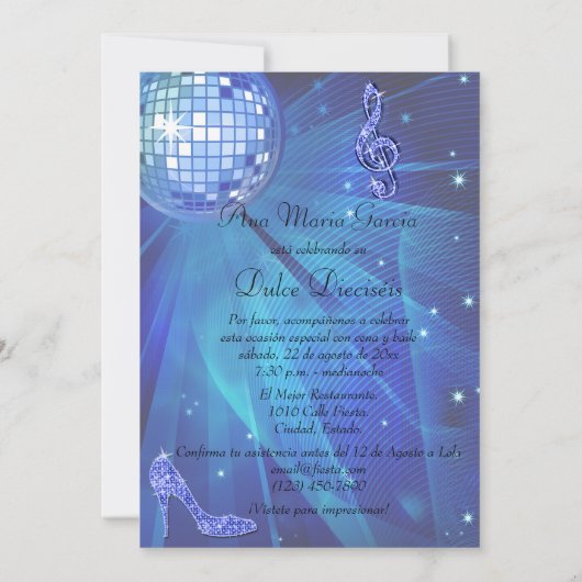 Spanish Blue Disco Ball & Sparkle Heels Sweet 16 招待状 (裏面)