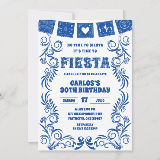 Spanish Blue Talavera Birthday Fiesta 招待状 (正面)