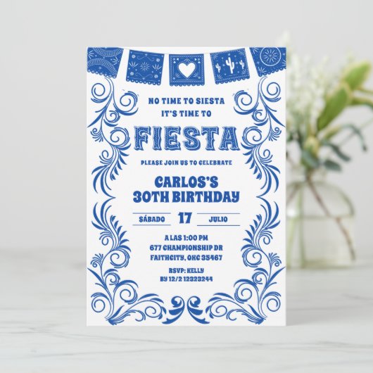 Spanish Blue Talavera Birthday Fiesta 招待状 (スタンド正面)