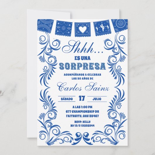 Spanish Blue Talavera SORPRESA Birthday Fiesta 招待状 (正面)