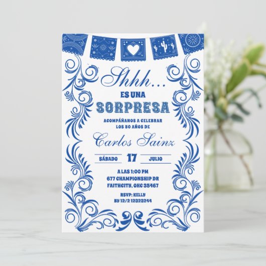 Spanish Blue Talavera SORPRESA Birthday Fiesta 招待状 (スタンド正面)