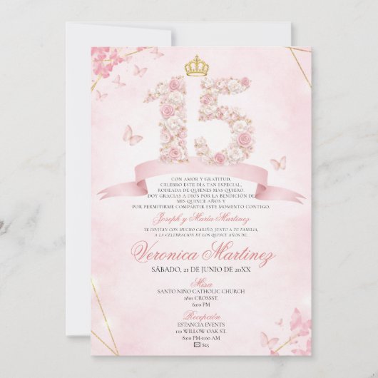 Spanish Blush Pink Floral Crown Butterfly 15 Años 招待状 (正面)