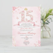 Spanish Blush Pink Floral Crown Butterfly 15 Años 招待状 (スタンド正面)