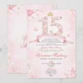 Spanish Blush Pink Floral Crown Butterfly 15 Años 招待状 (正面/裏面)
