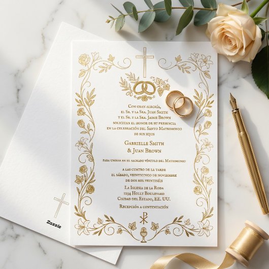 Spanish Boda Catholic Nuptial Mass Wedding 箔招待状
