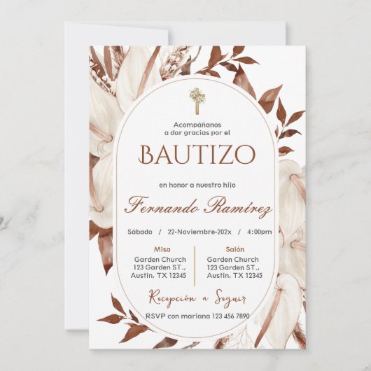 Spanish Boho Baptism Floral invitation 招待状 (正面)