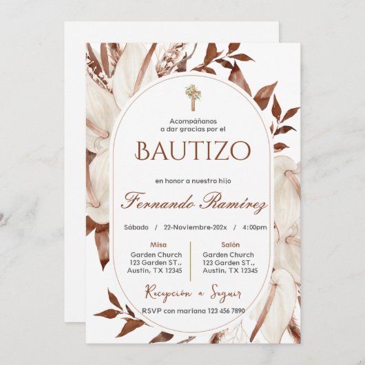 Spanish Boho Baptism Floral invitation 招待状 (正面/裏面)