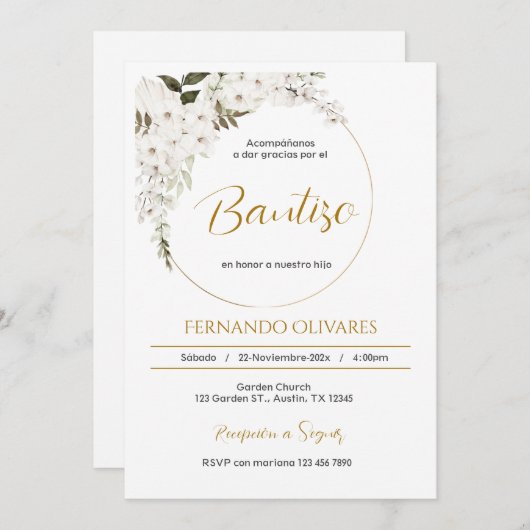 Spanish Boho Baptism Floral invitation 招待状 (正面/裏面)