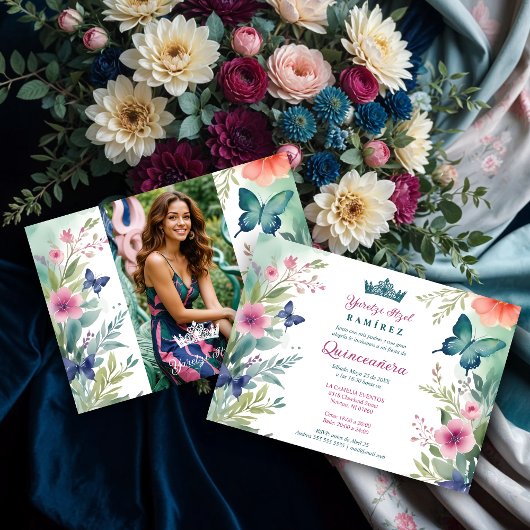 Spanish Charming Sweet Floral Garland Butterflies 招待状