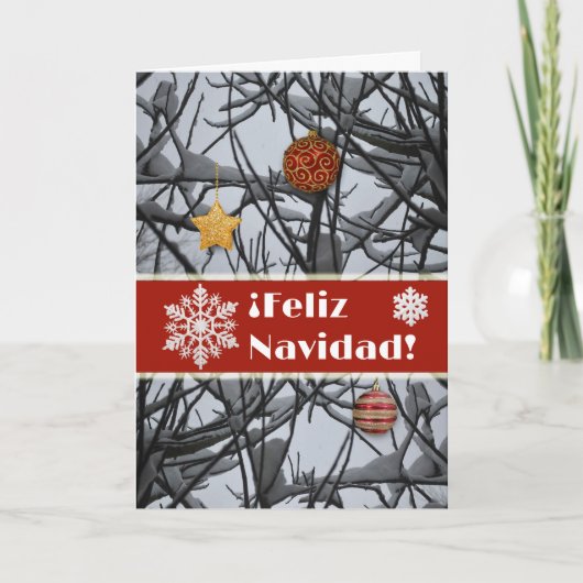 Spanish Christmas Ornaments on Snowy Branches シーズンカード (正面)
